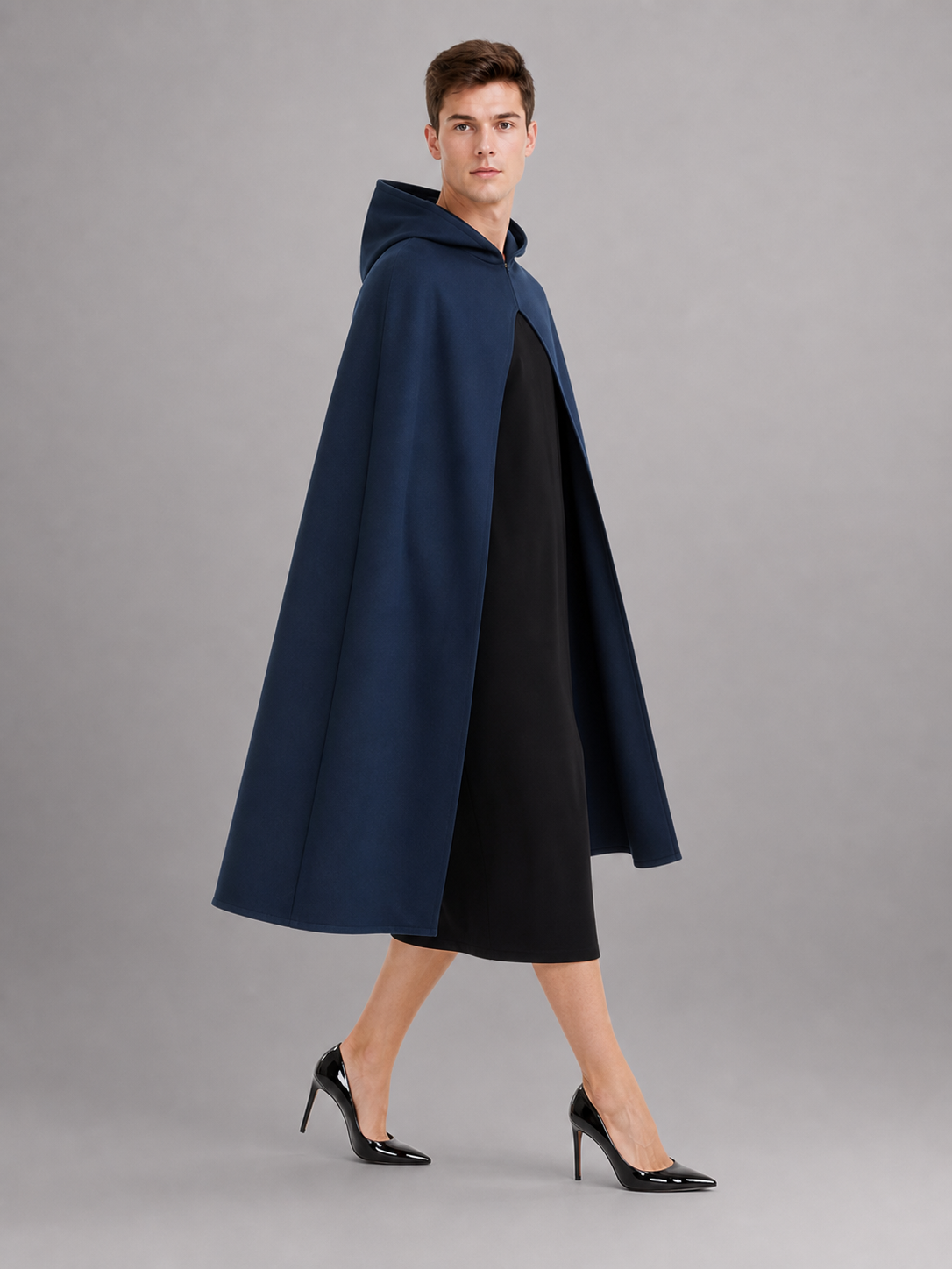 Halloween Costume Women Medieval Hooded Cape, Dark Blue Long with Front Clasp