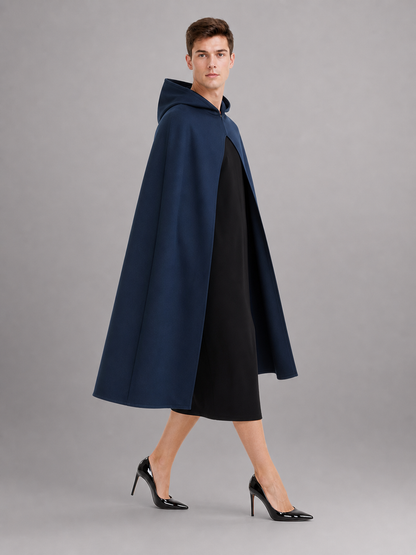 Halloween Costume Women Medieval Hooded Cape, Dark Blue Long with Front Clasp