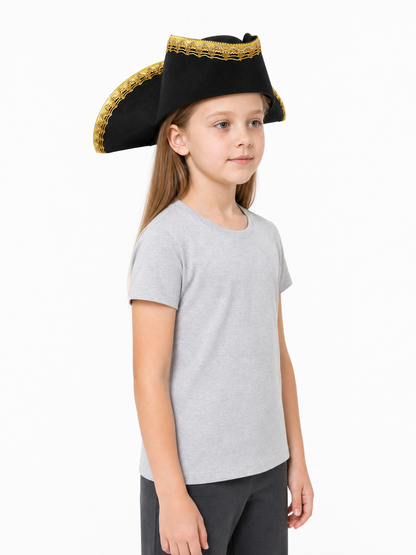 1pc Children's Pirate Hat, Black Wide Brim Pirate Costume Hat with Gold Decorative Trim, Tall Crown for Dress-Up Play and Costume Parties