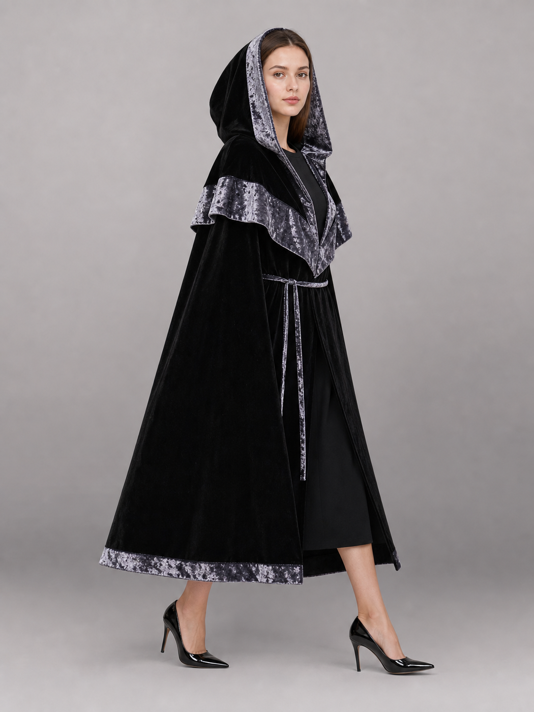 Black Carnival Cloak with Hood and Trim