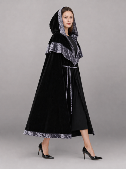 Black Carnival Cloak with Hood and Trim