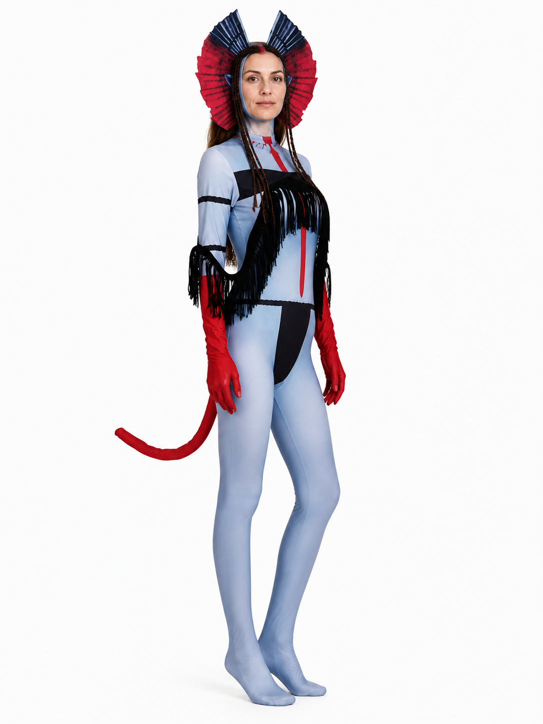 Stage Cosplay Jumpsuit with Mask, Red, Blue, and Black side view