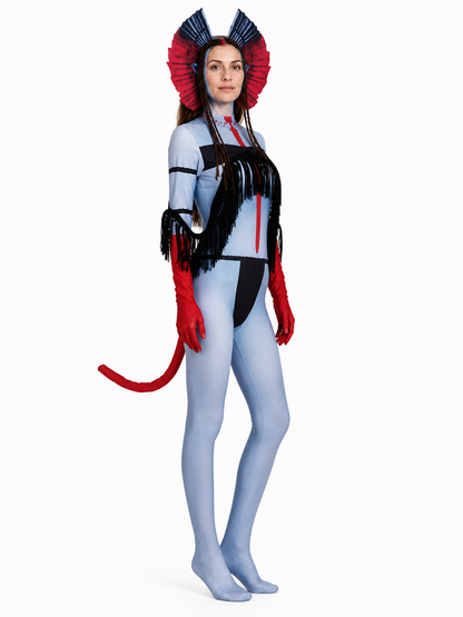 Stage Cosplay Jumpsuit with Mask, Red, Blue, and Black side view