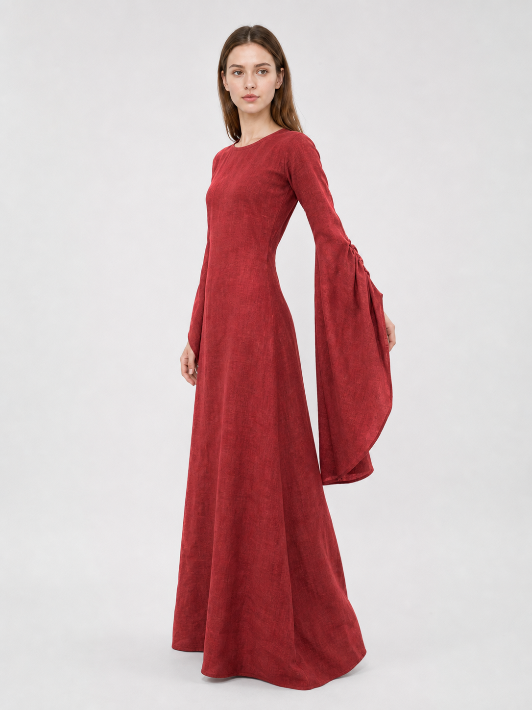 Burgundy Floor-Length Dress with Long Sleeves and Belt