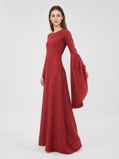 Burgundy Floor-Length Dress with Long Sleeves and Belt