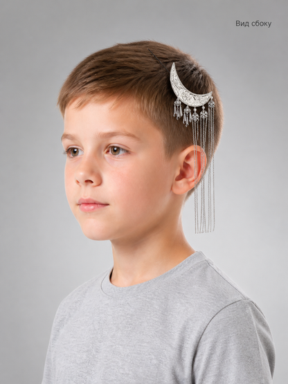 Carnival Headpiece, Silver Crescent Hair Clip side view
