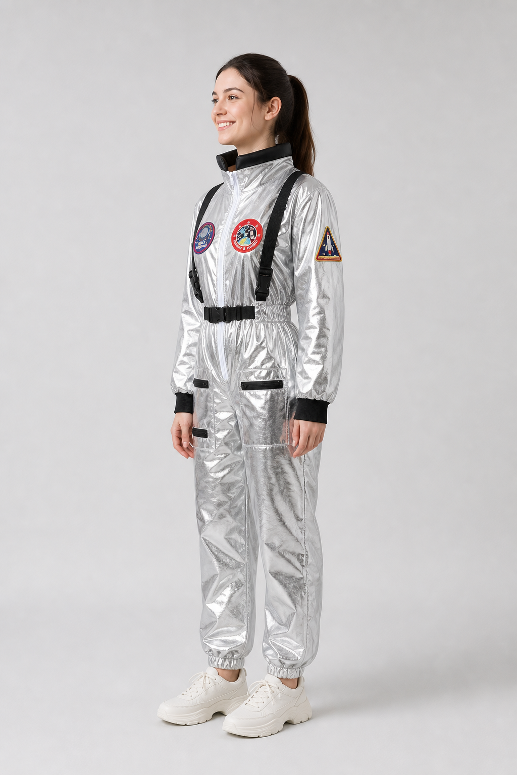 Silver astronaut costume with pockets and emblems