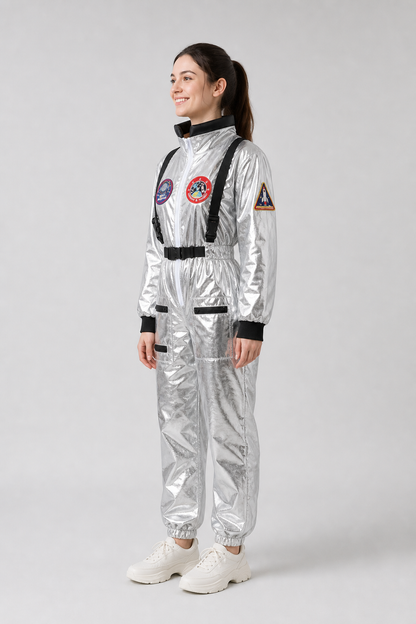 Silver astronaut costume with pockets and emblems