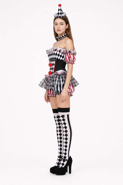 Red, White, and Black Ruffled Clown Costume for Halloween side view