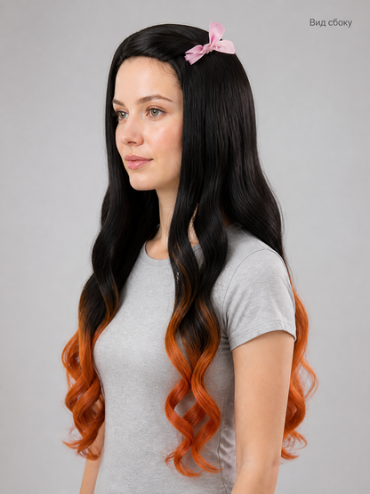 Long Curly Anime Nezuko Cosplay Wig side view