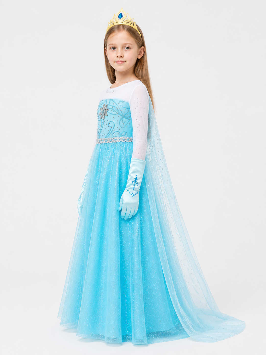 Snow Queen Elsa Costume with Crown and Gloves side view
