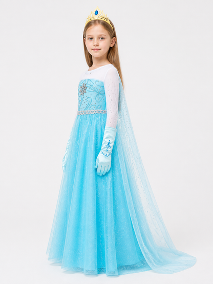 Snow Queen Elsa Costume with Crown and Gloves side view