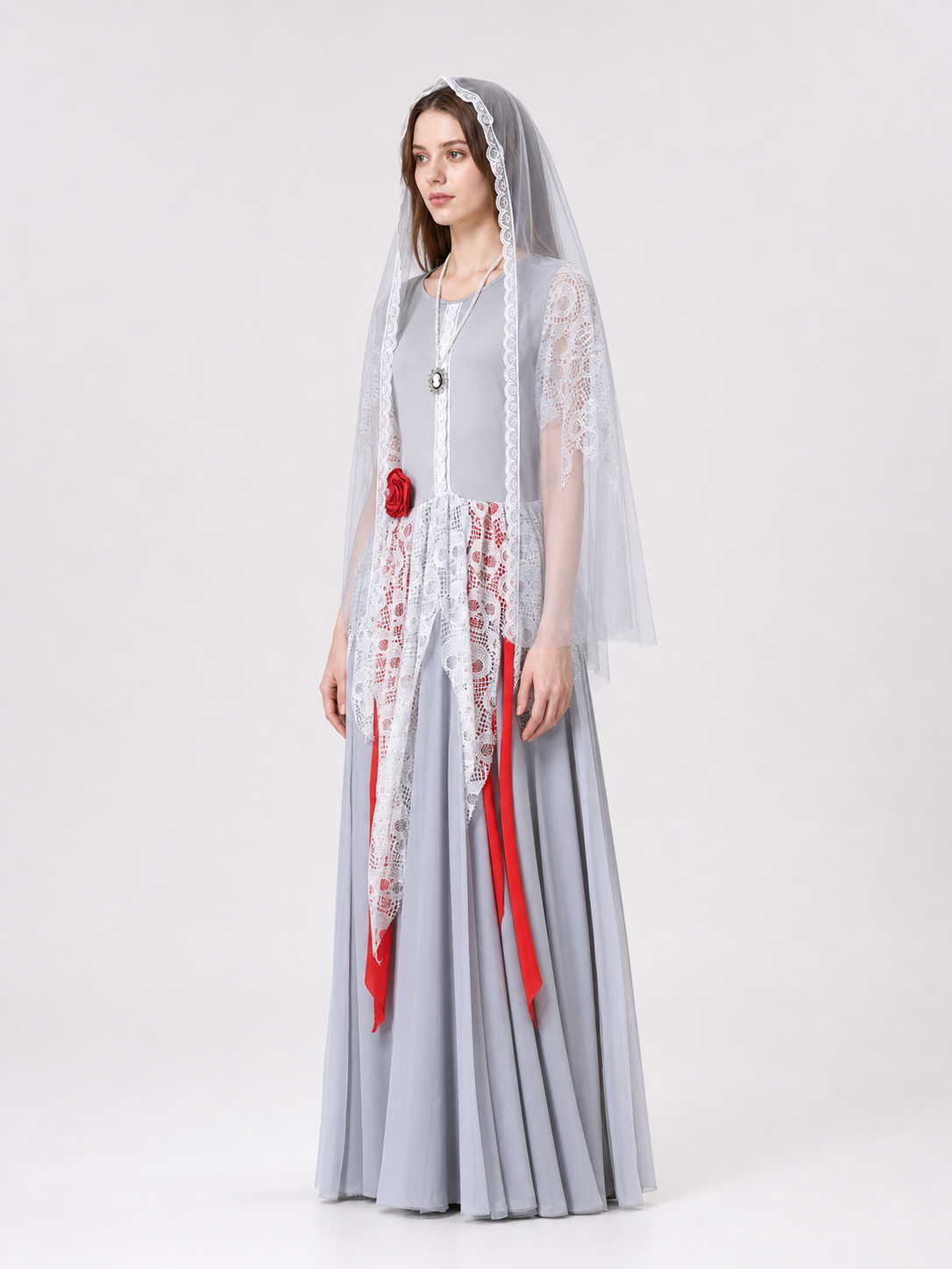Gothic Ghost Costume with Long Veil and Lace