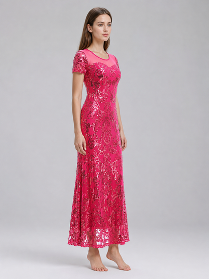 Long Sequin Evening Dress with Paisley Pattern
