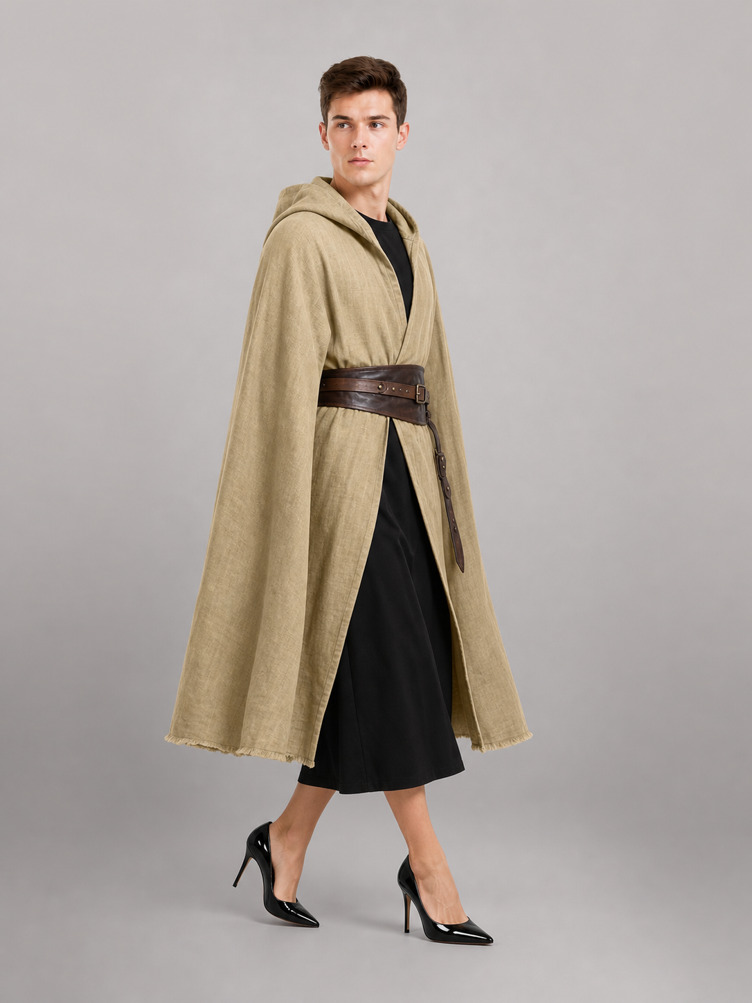 Khaki Medieval Hooded Carnival Cloak