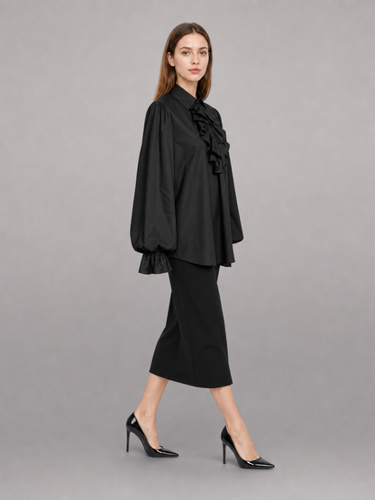 Black blouse with a high collar and ruffle