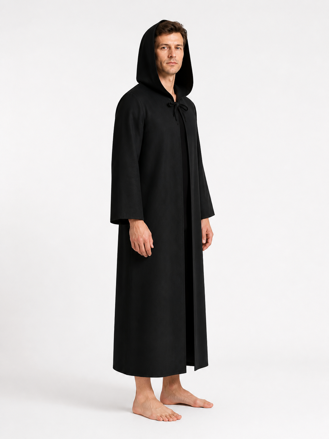 Long black hooded cloak for Jedi cosplay side view