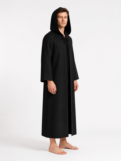 Long black hooded cloak for Jedi cosplay side view