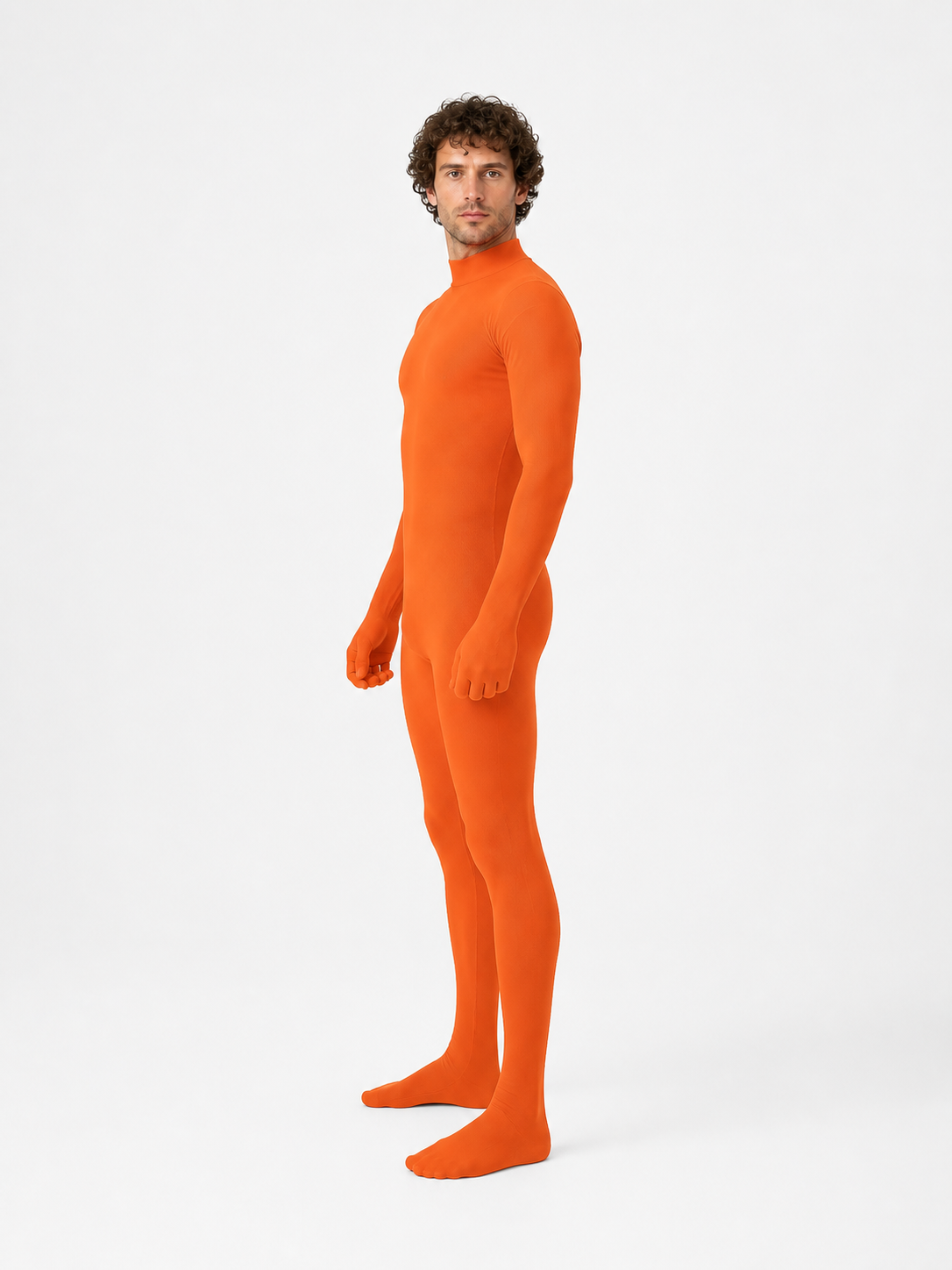 Orange Slim-Fit Zentai Jumpsuit with High Collar side view