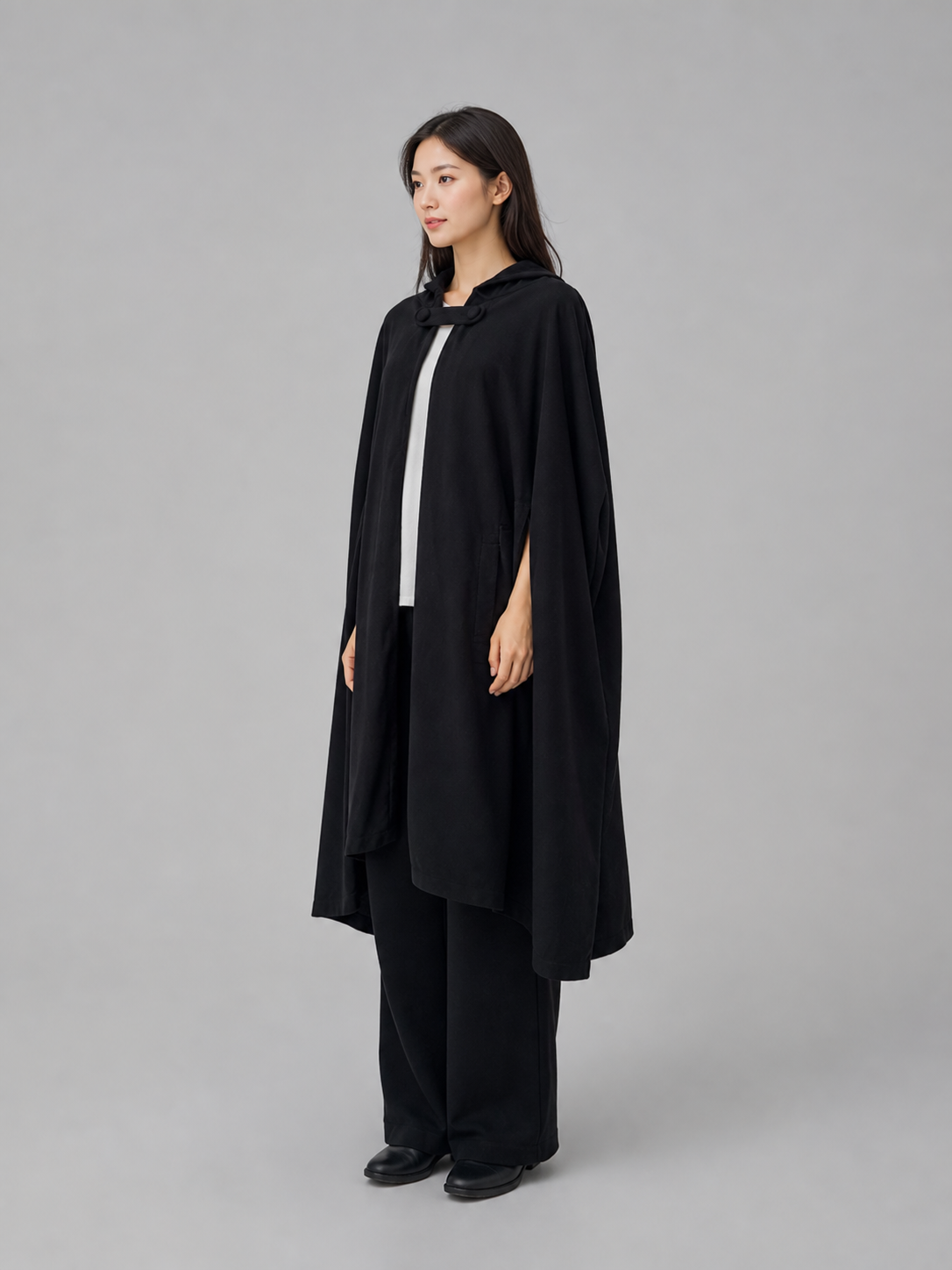 Long Black Hooded Cape with Clasp