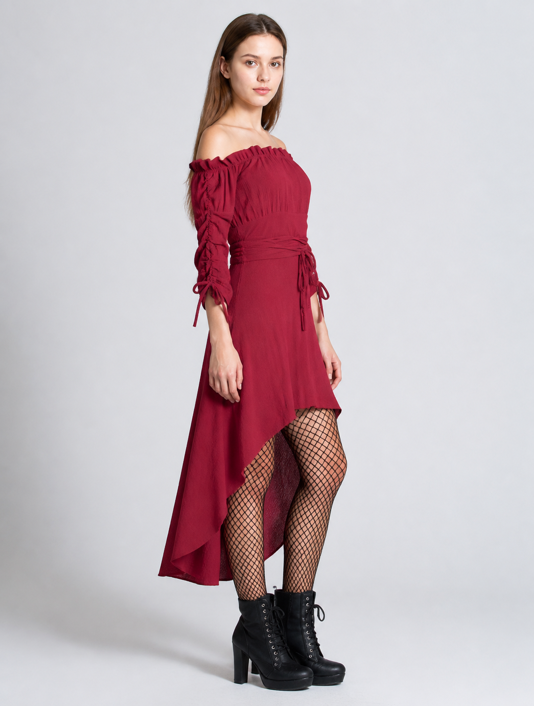 Burgundy Off-the-Shoulder Dress with an Asymmetrical Hem side view