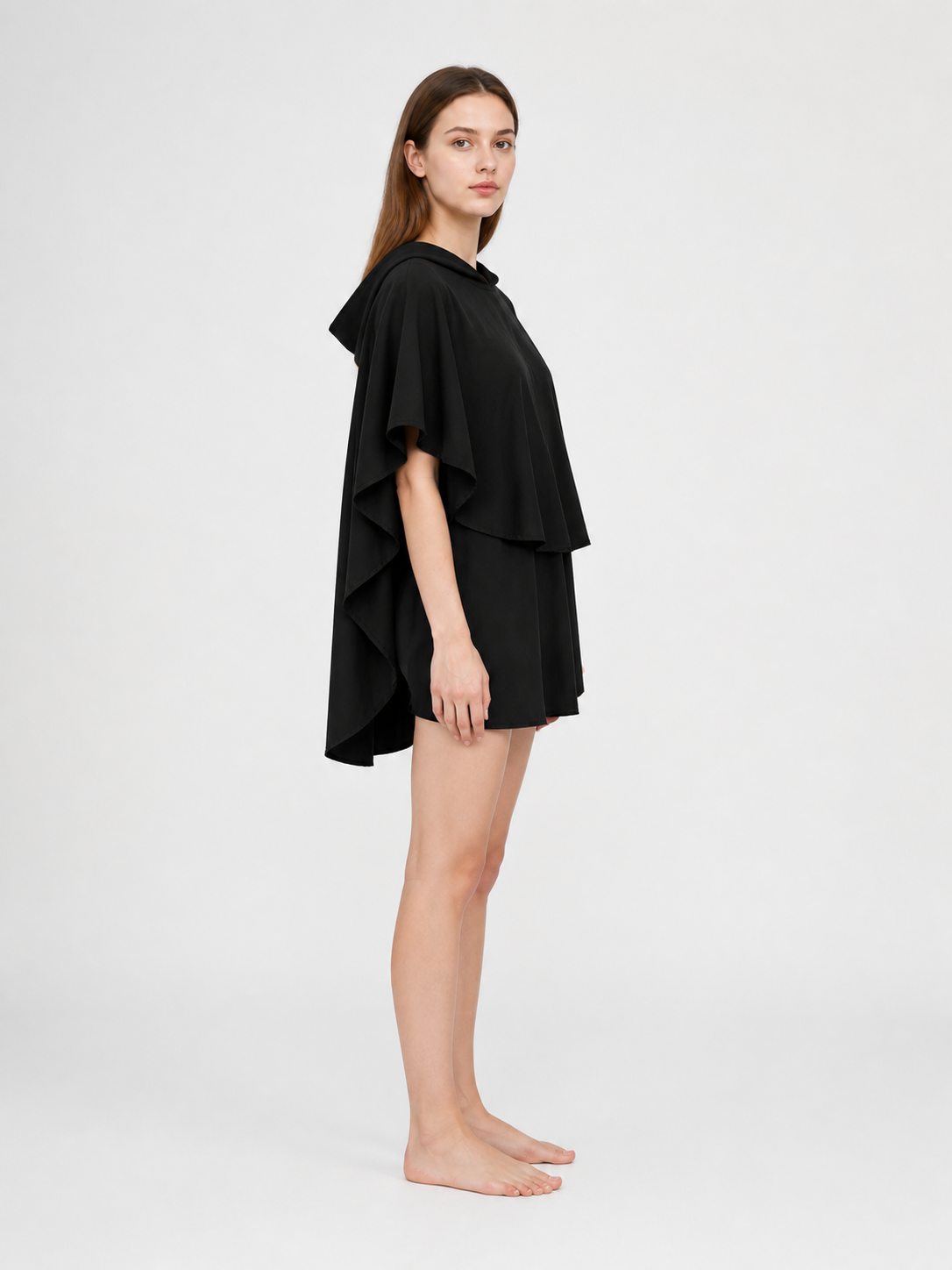 Women's Gothic Hooded Cape Cloak for Halloween Cosplay, Black Flowing Draped side view 6