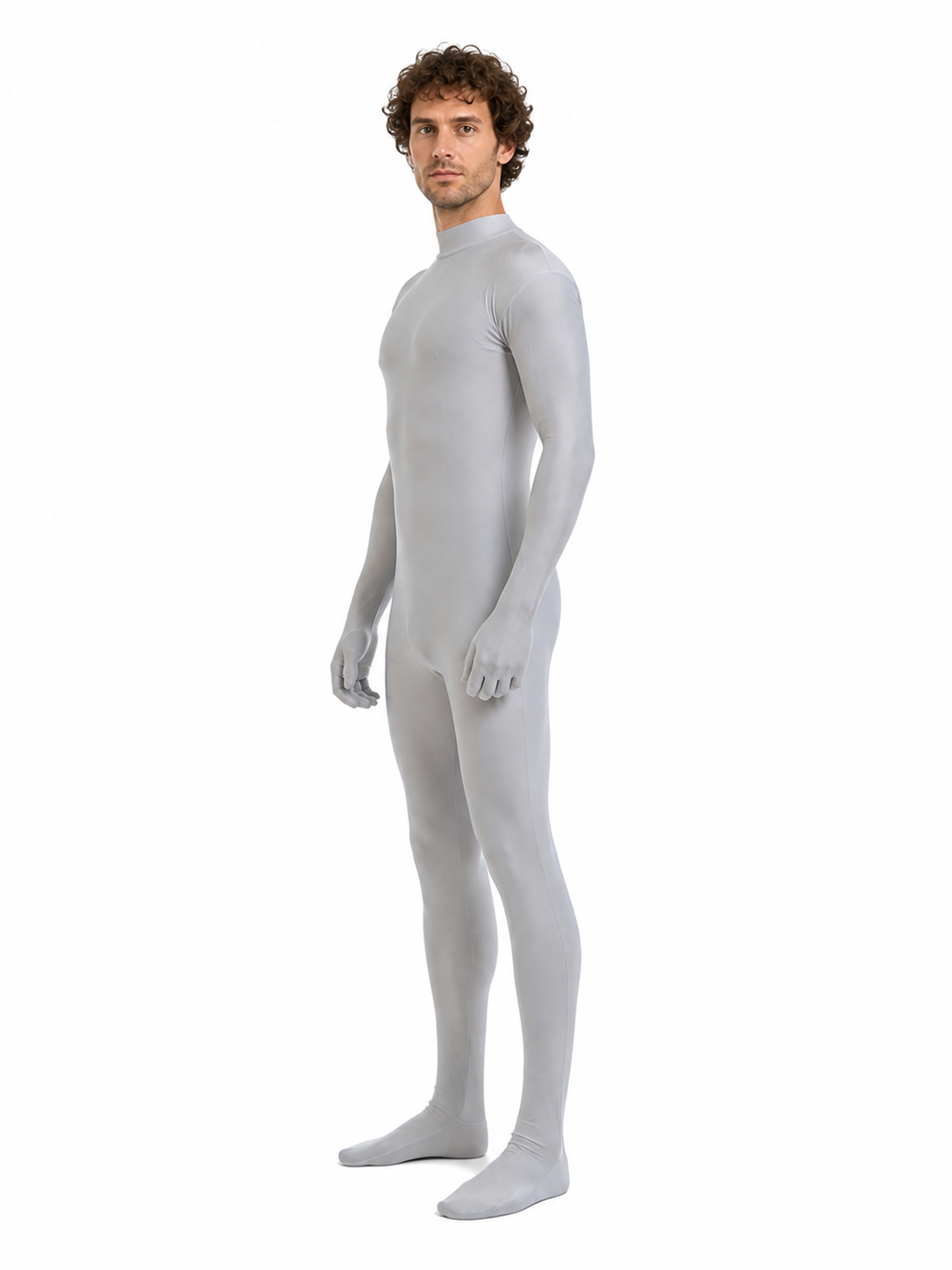 Gray Form-Fitting Jumpsuit with High Collar side view
