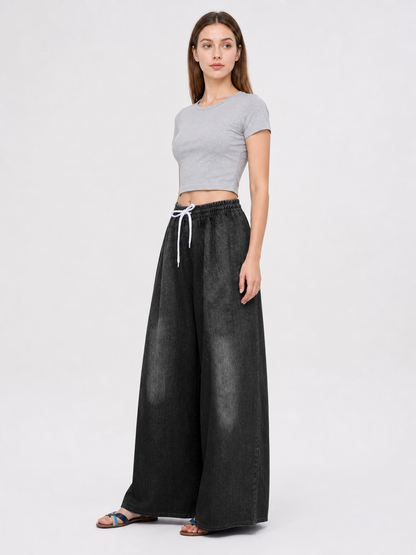 Solid Black Wide-Leg Pants with Elastic Waist and Contrast White Drawstrings side view 5