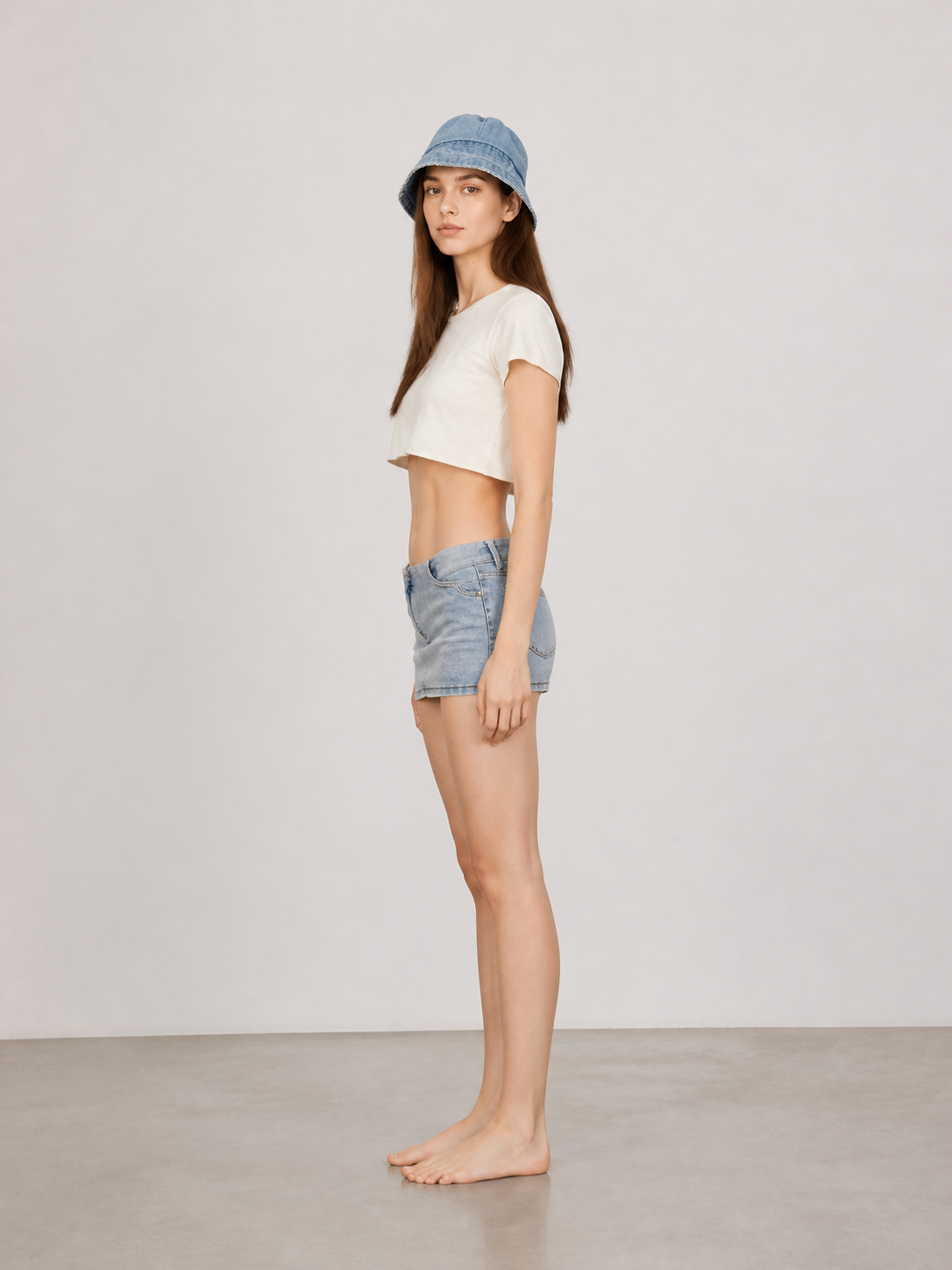Clothing Set: Bucket Hat, Cropped Top, and Skirt side view