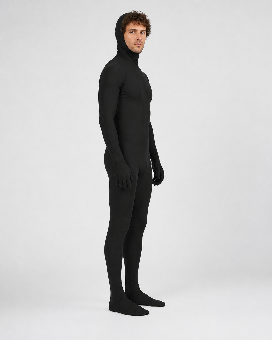 Black Zentai Jumpsuit with Hood and Face Opening side view