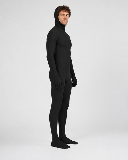 Black Zentai Jumpsuit with Hood and Face Opening side view