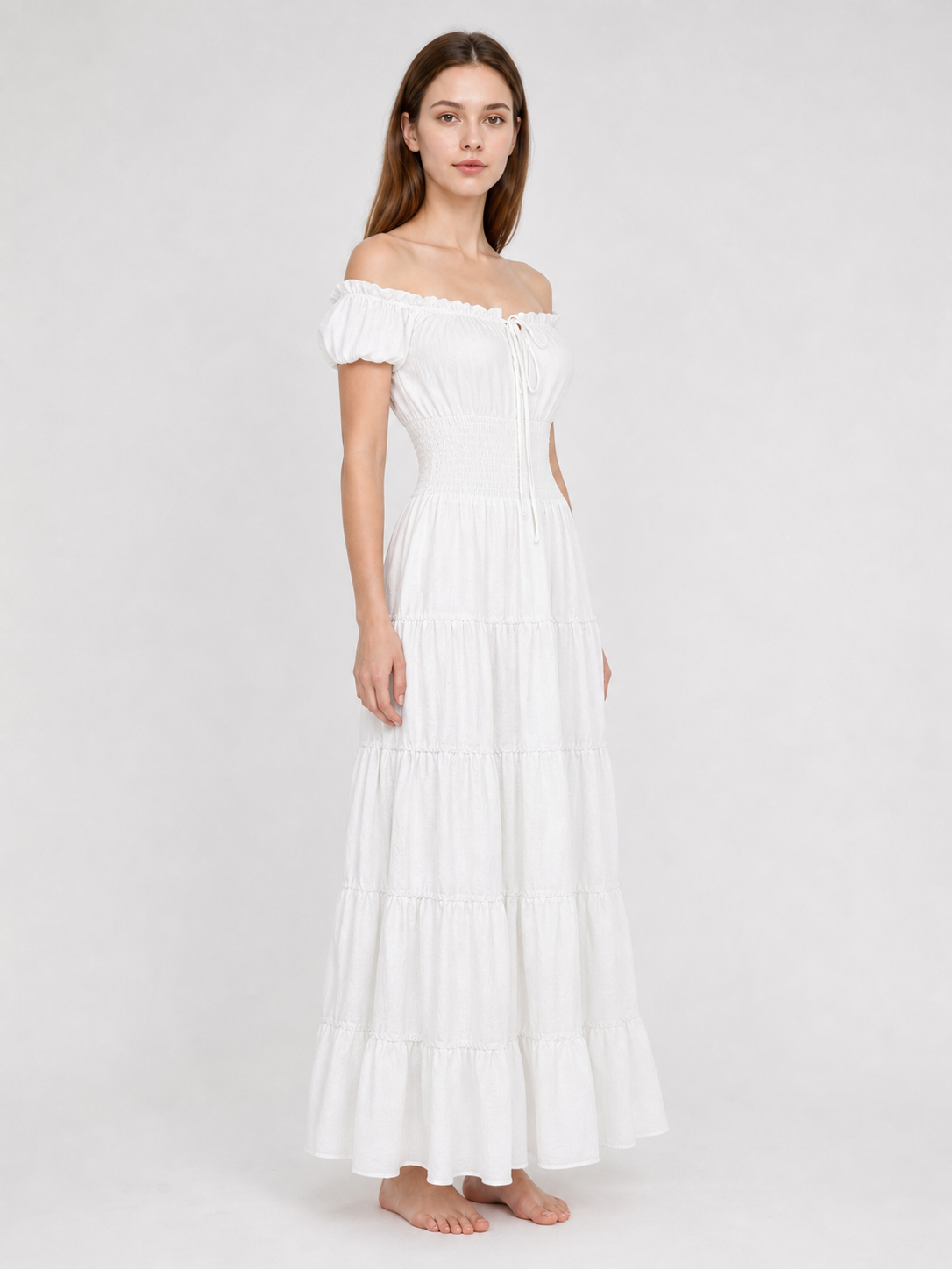 White Off-the-Shoulder Dress with Tiered Skirt
