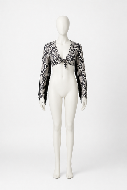 Cropped Jacket with Fringe and Snake Print side view