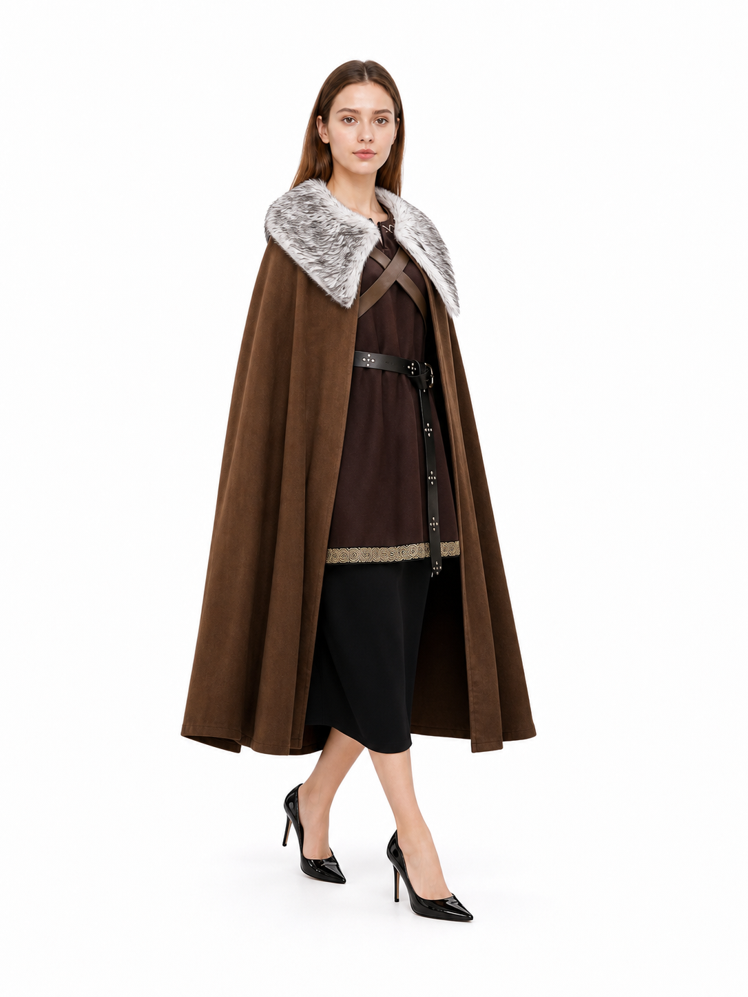 Brown Costume Cloak with Fur Collar