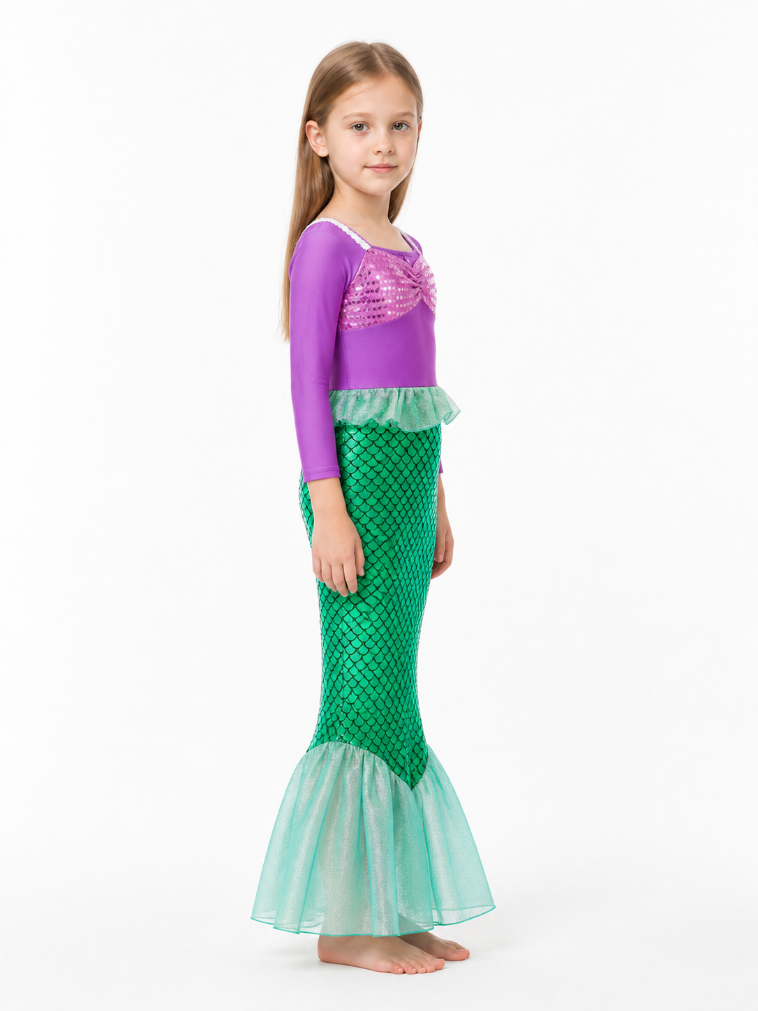 Children's Mermaid Costume with Sequins and a Green Tail side view