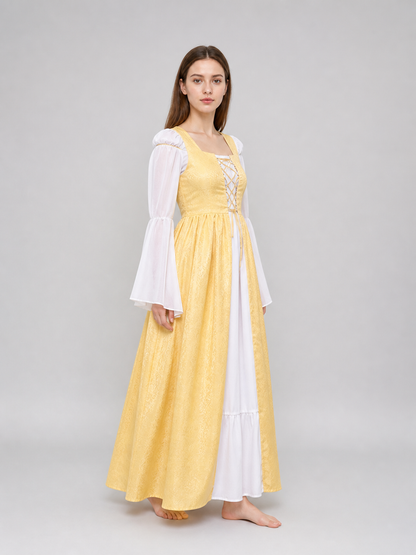 The yellow dress is designed in a fairytale costume style with distinctive