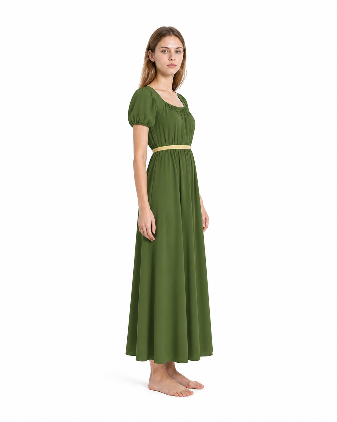 Olive Square-Neck Dress with Puff Sleeves side view