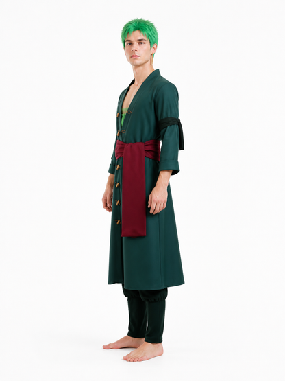 Roronoa Zoro Cosplay Costume in Green with Wig and Earrings side view