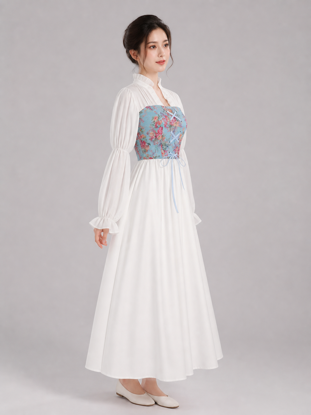 Retro Long-Sleeve Lace-Up Dress side view