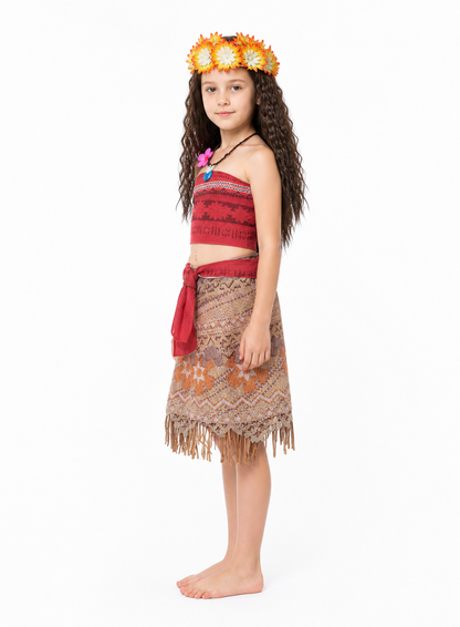 Moana Costume with Skirt and Wig side view