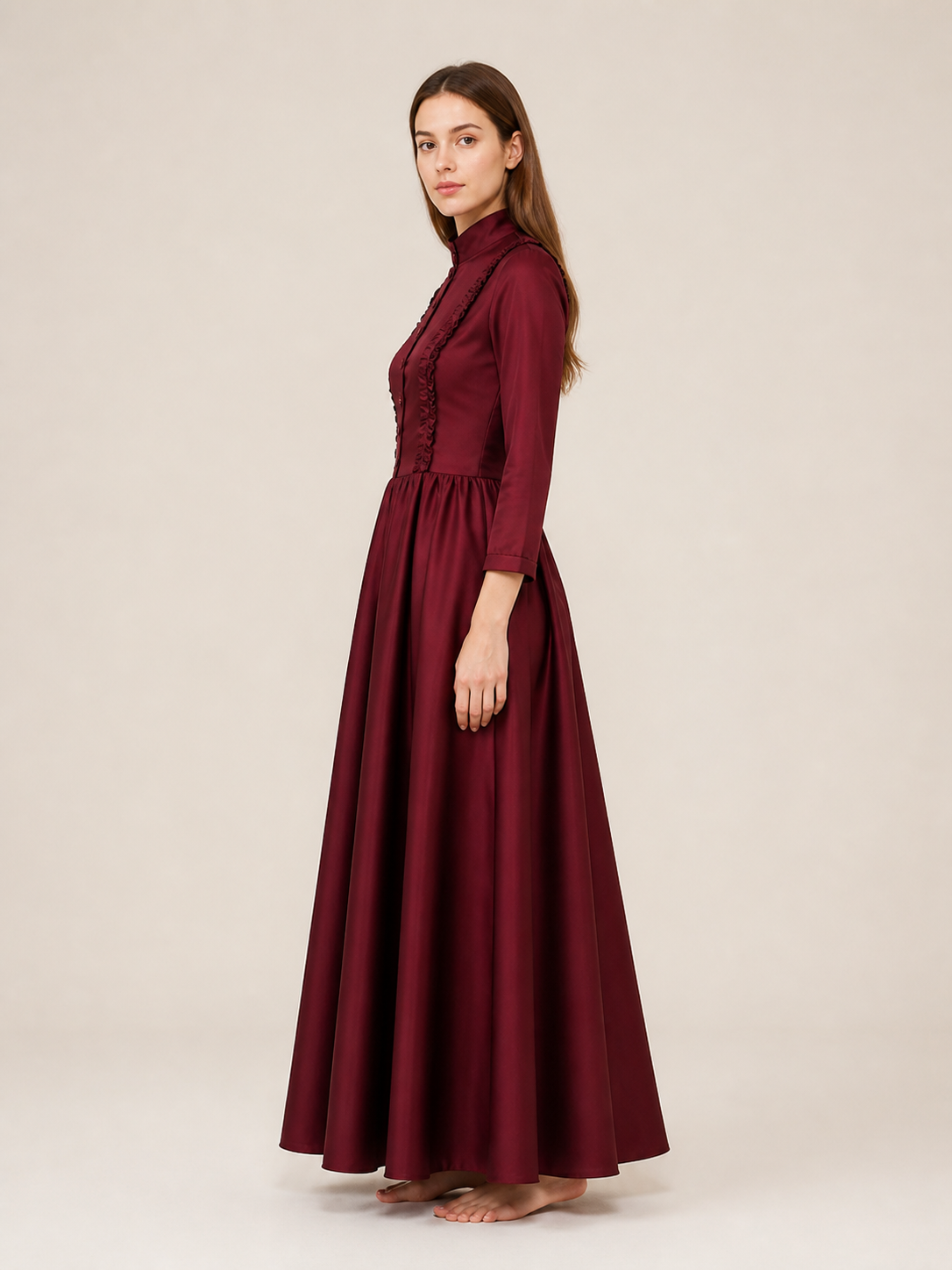 Burgundy Gothic Victorian Dress with Collar
