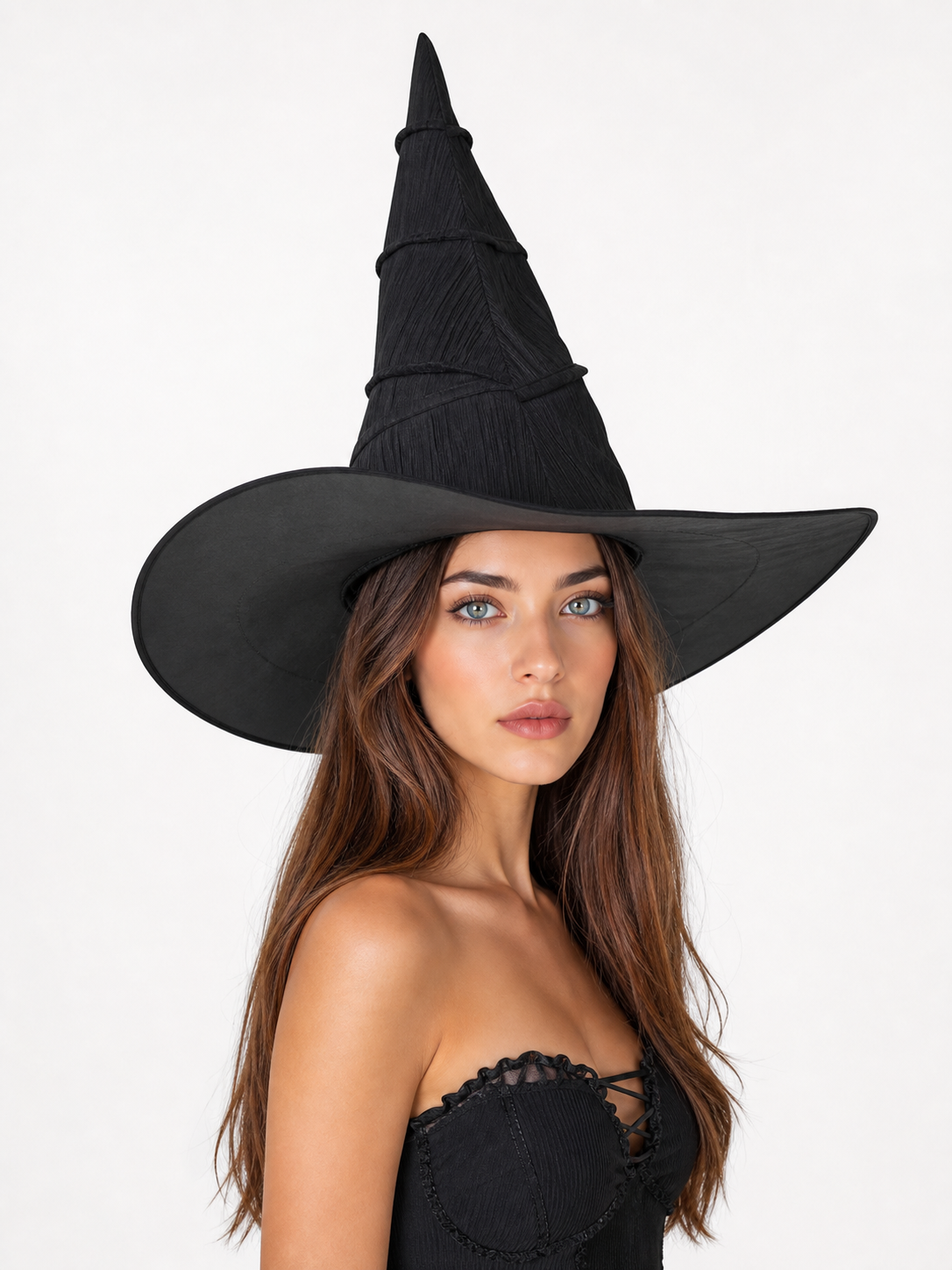 Matte Black Halloween Witch Hat Tall Pointed Crown Wide Curved Floppy Brim Ruched Costume Accessory for Cosplay Party Stage Dress Up
