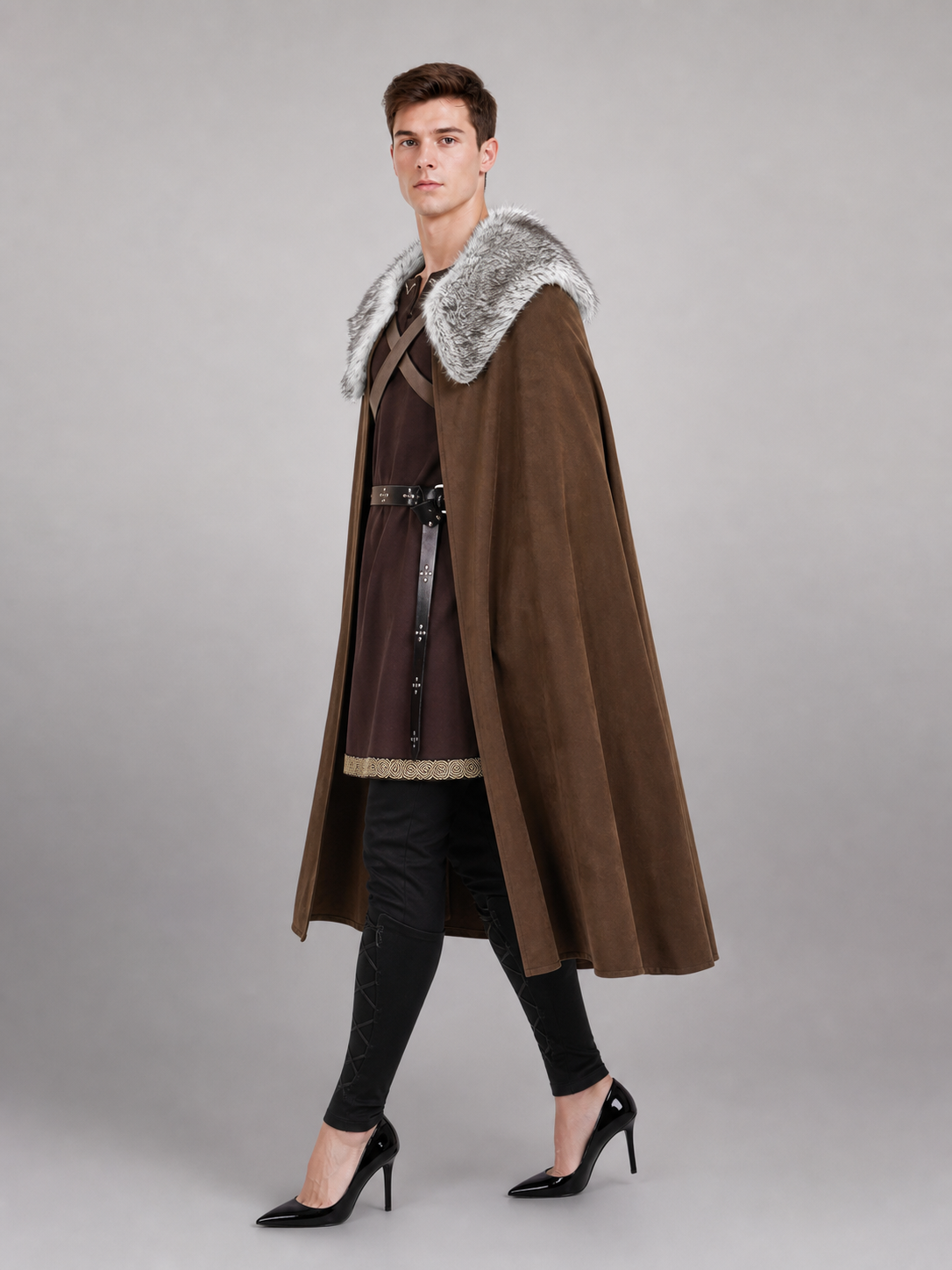 Brown Costume Cloak with Fur Collar