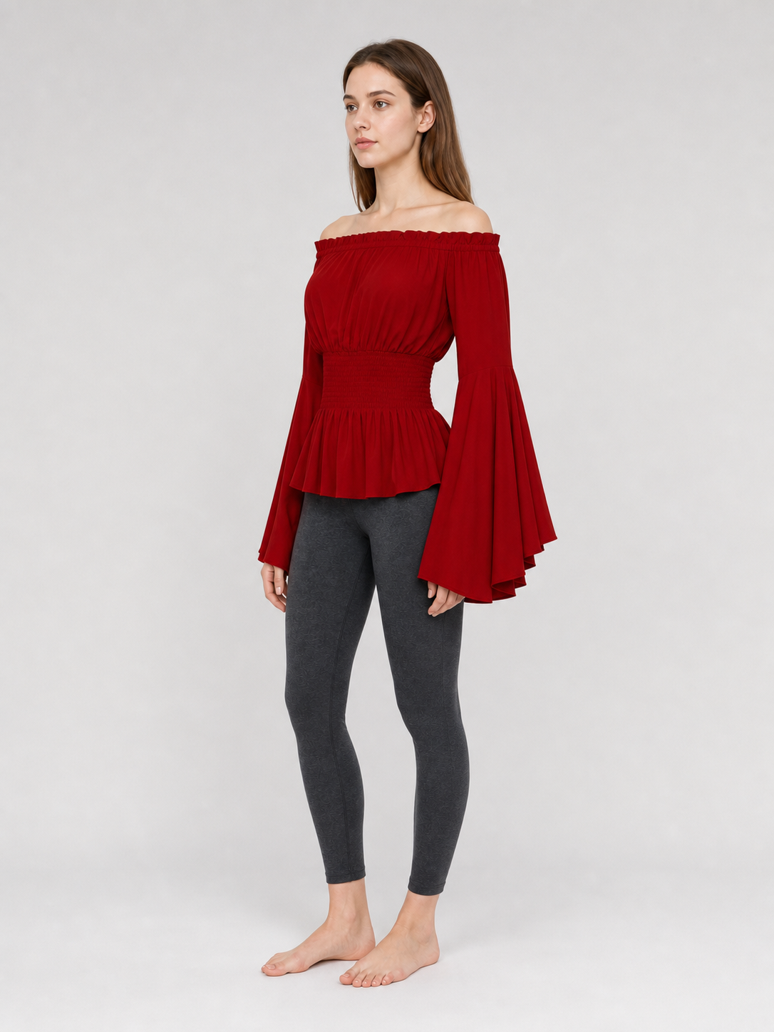 Long-Sleeve Peplum Blouse, Deep Red