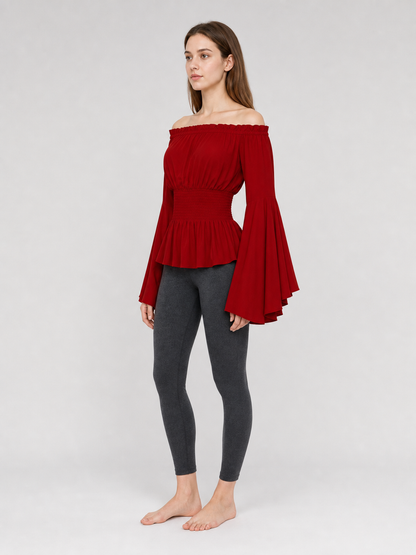 Long-Sleeve Peplum Blouse, Deep Red