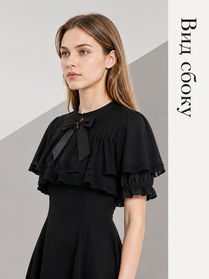 Black Retro-Style Dress with Cape and Bow side view