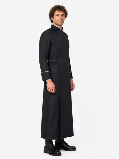 Long Black Robe with Stand Collar and White Trim side view