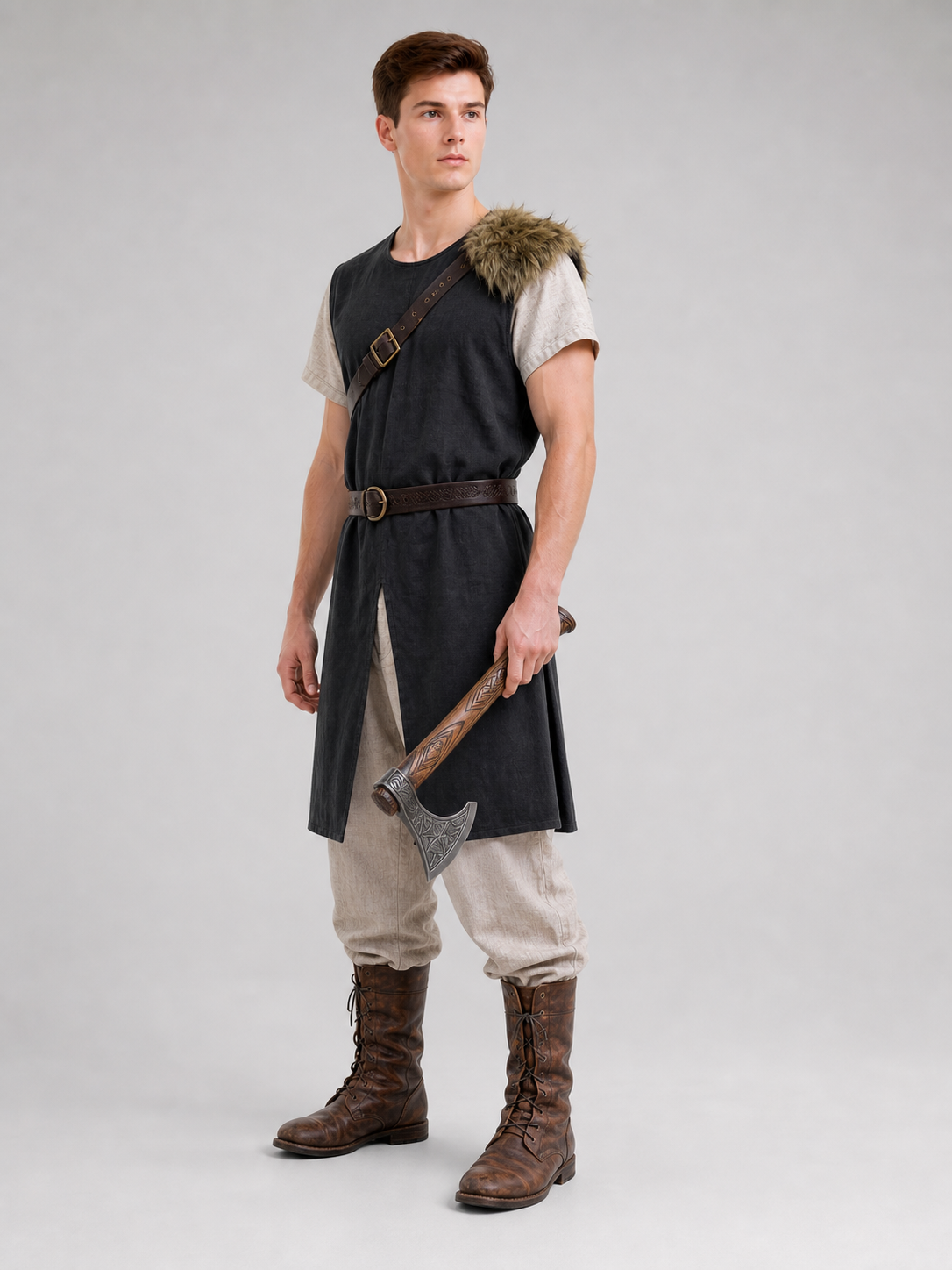 Black Sleeveless Tunic with Fur Trim and Belt