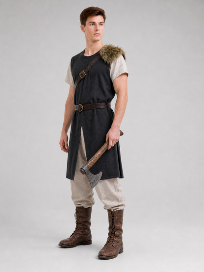 Black Sleeveless Tunic with Fur Trim and Belt
