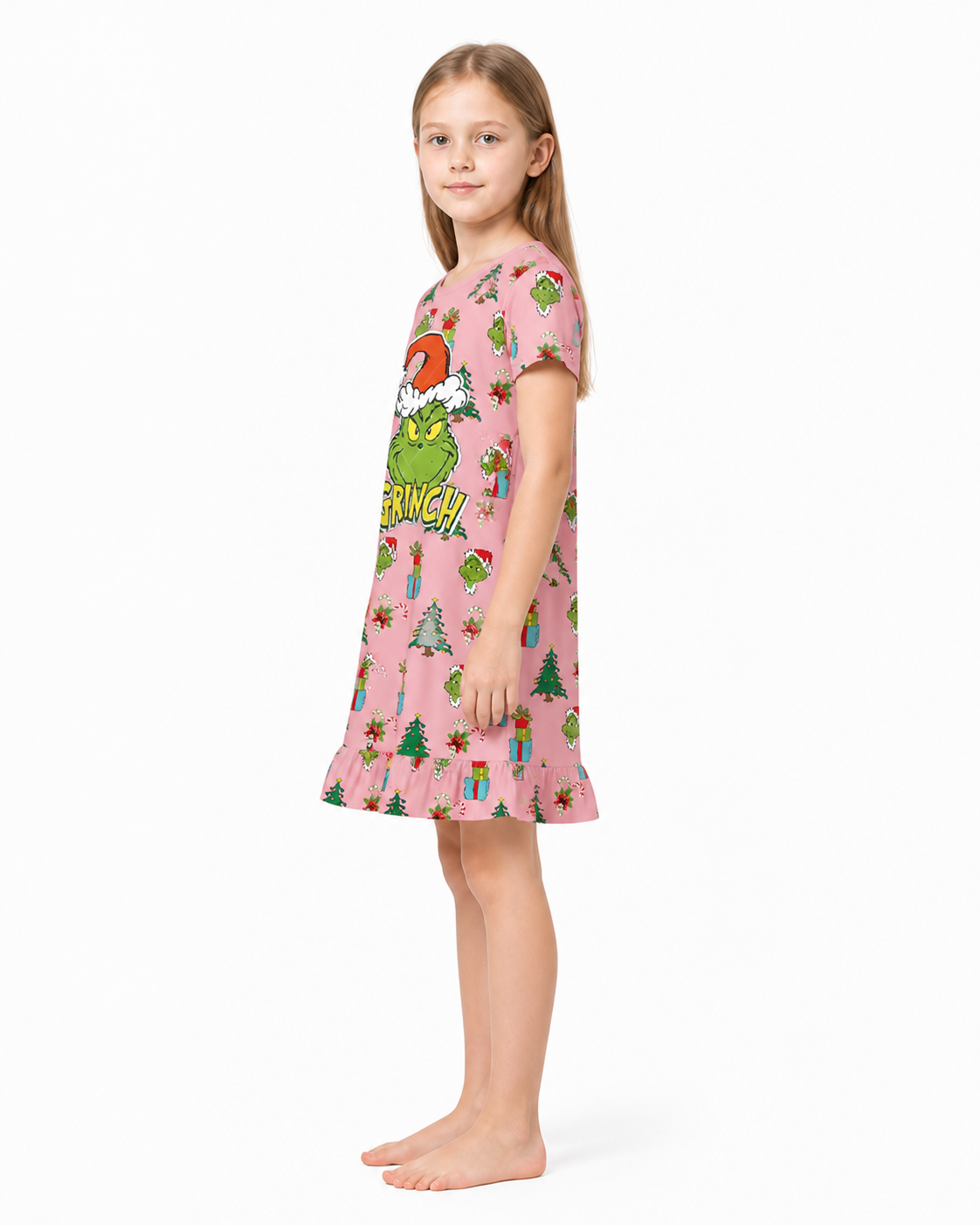Children’s Grinch Dress, Short Sleeves, A-Line, Ruffles side view